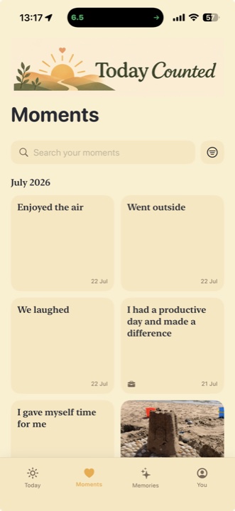 Today Counted Moments screen showing a private moment library