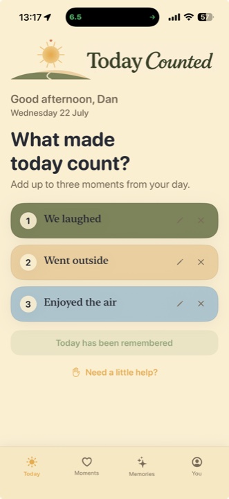 Today Counted Today screen showing three remembered moments
