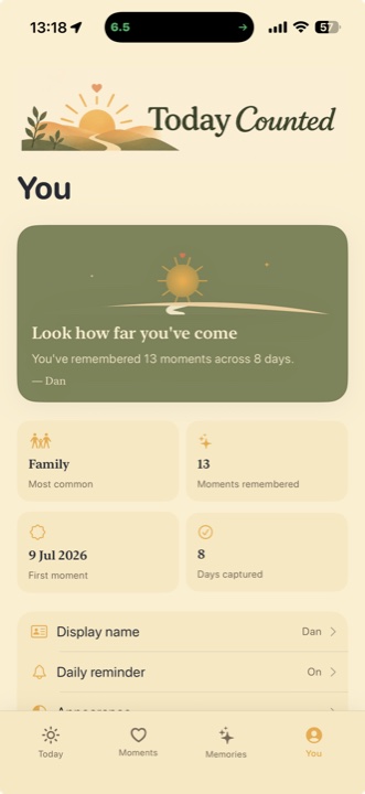 Today Counted You screen showing personal statistics and settings